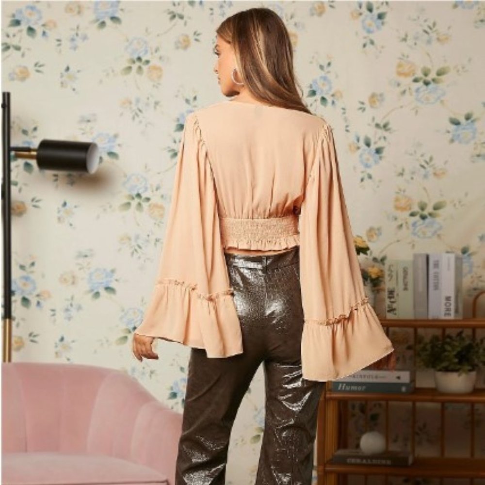 Boho Surplice Neck Flounce Sleeve Shirred Waist Crop Blouse- 2